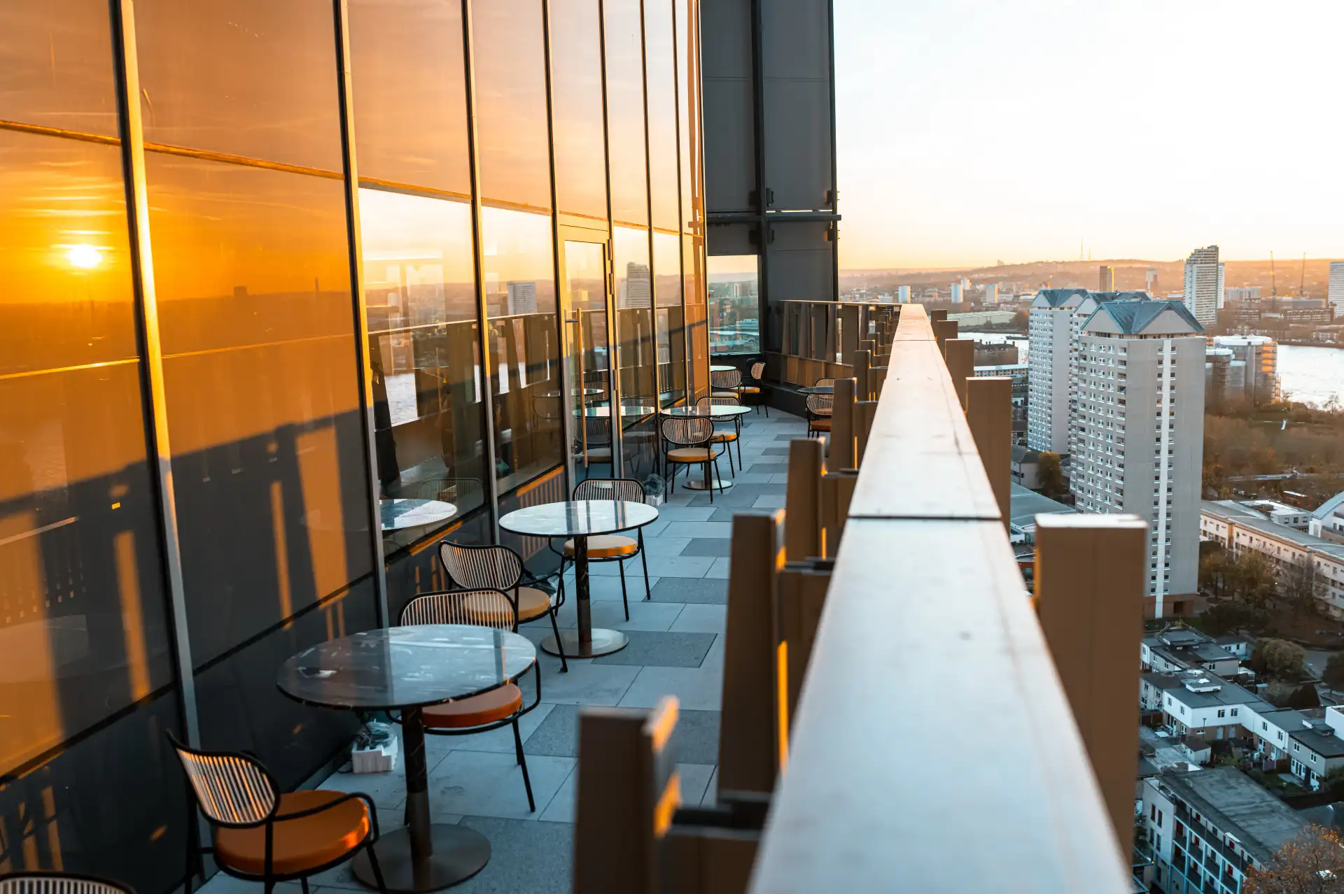 The outdoor terrace at sunset with panoramic London views